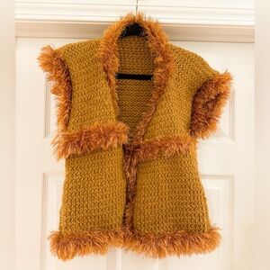Vintage Hand knit Confetti Fringe Trim Vest Camel Brown sz Small